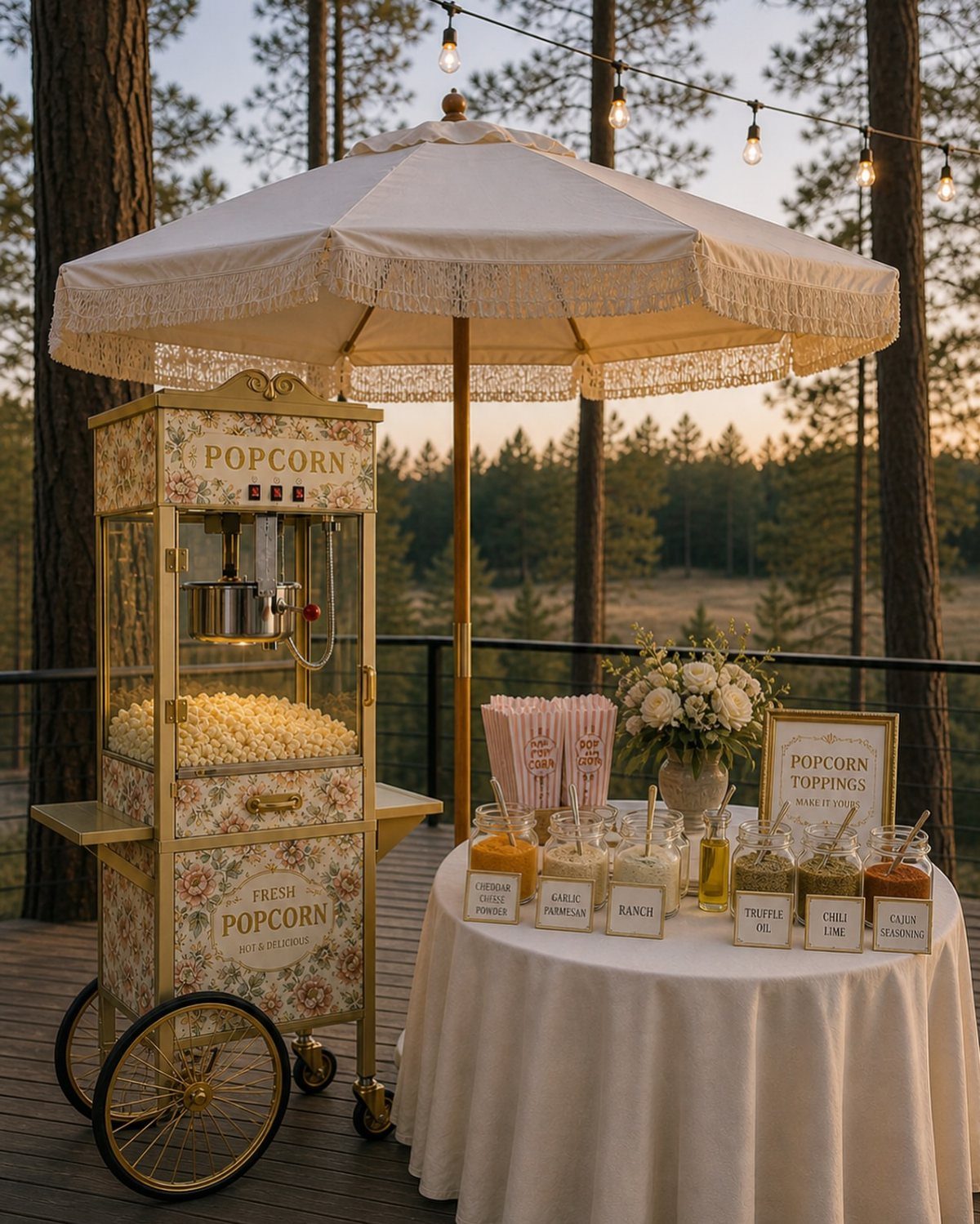 Vintage popcorn machine and toppings station under a white umbrella in a forest setting