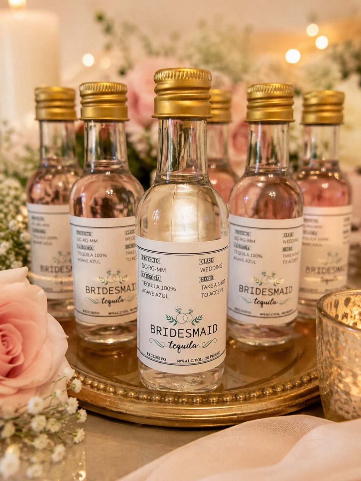 Miniature tequila bottles with bridesmaid labels on a gold tray with pink roses.