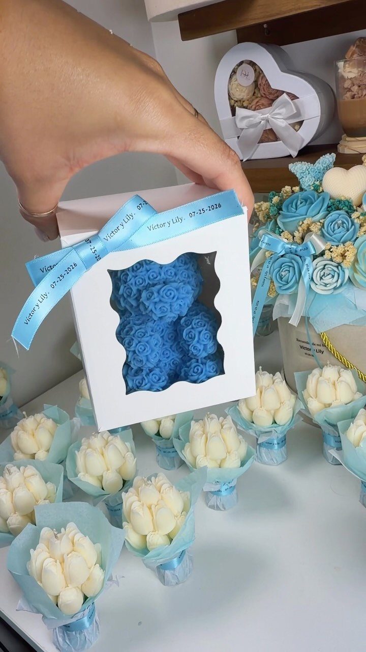 Blue bear-shaped bath bomb in a white gift box with blue ribbon.