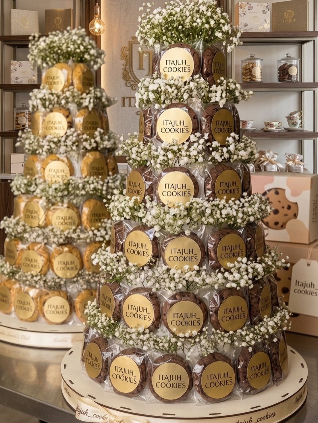 Tiered towers of wrapped cookies decorated with white baby's breath and gold labels.