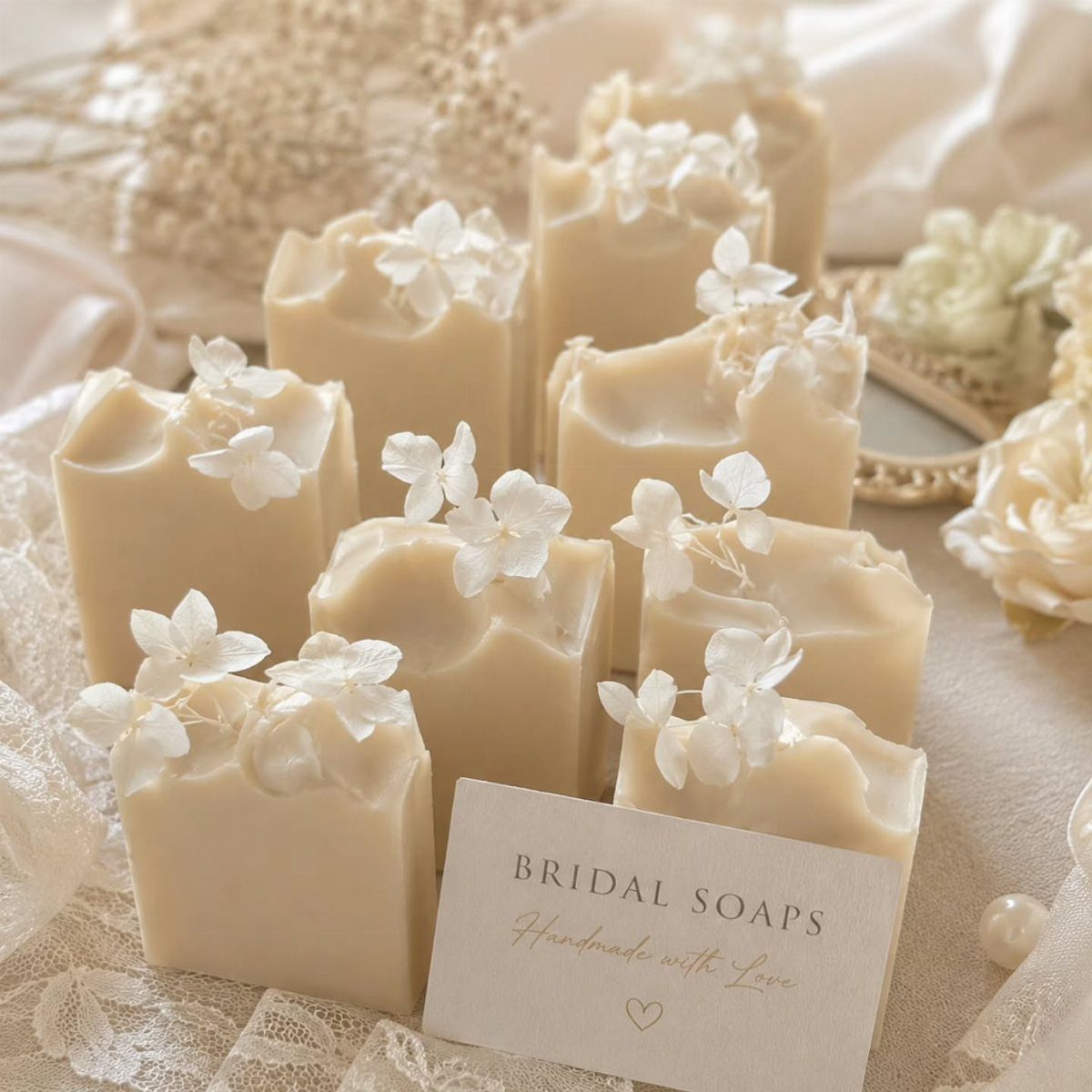 Cream-colored bridal soaps topped with white dried flowers on a lace cloth.