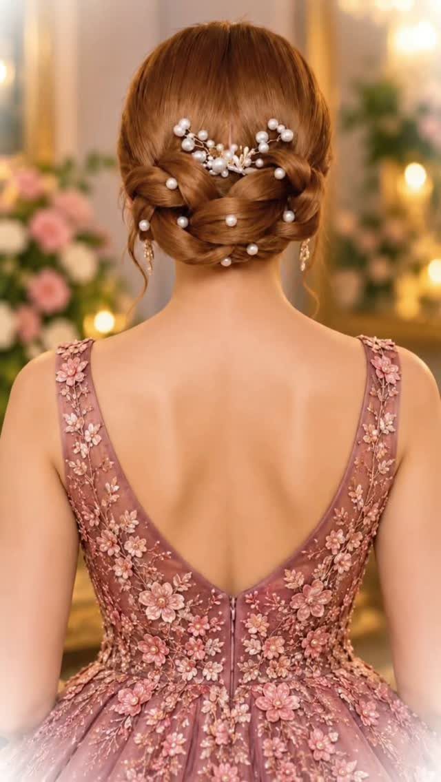 Braided chignon updo with pearl accessories on a woman in floral dress
