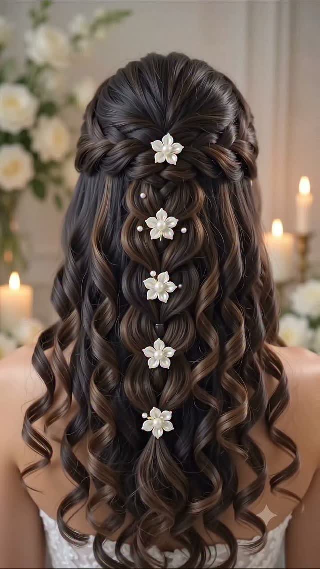 Long brown curly hair in a half-updo adorned with white flower accessories