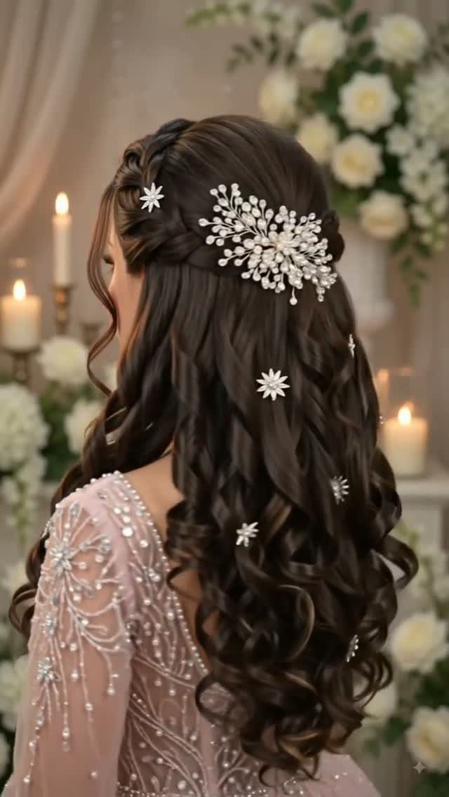 Woman with long curly brown hair in a half-up style with silver hair accessories.