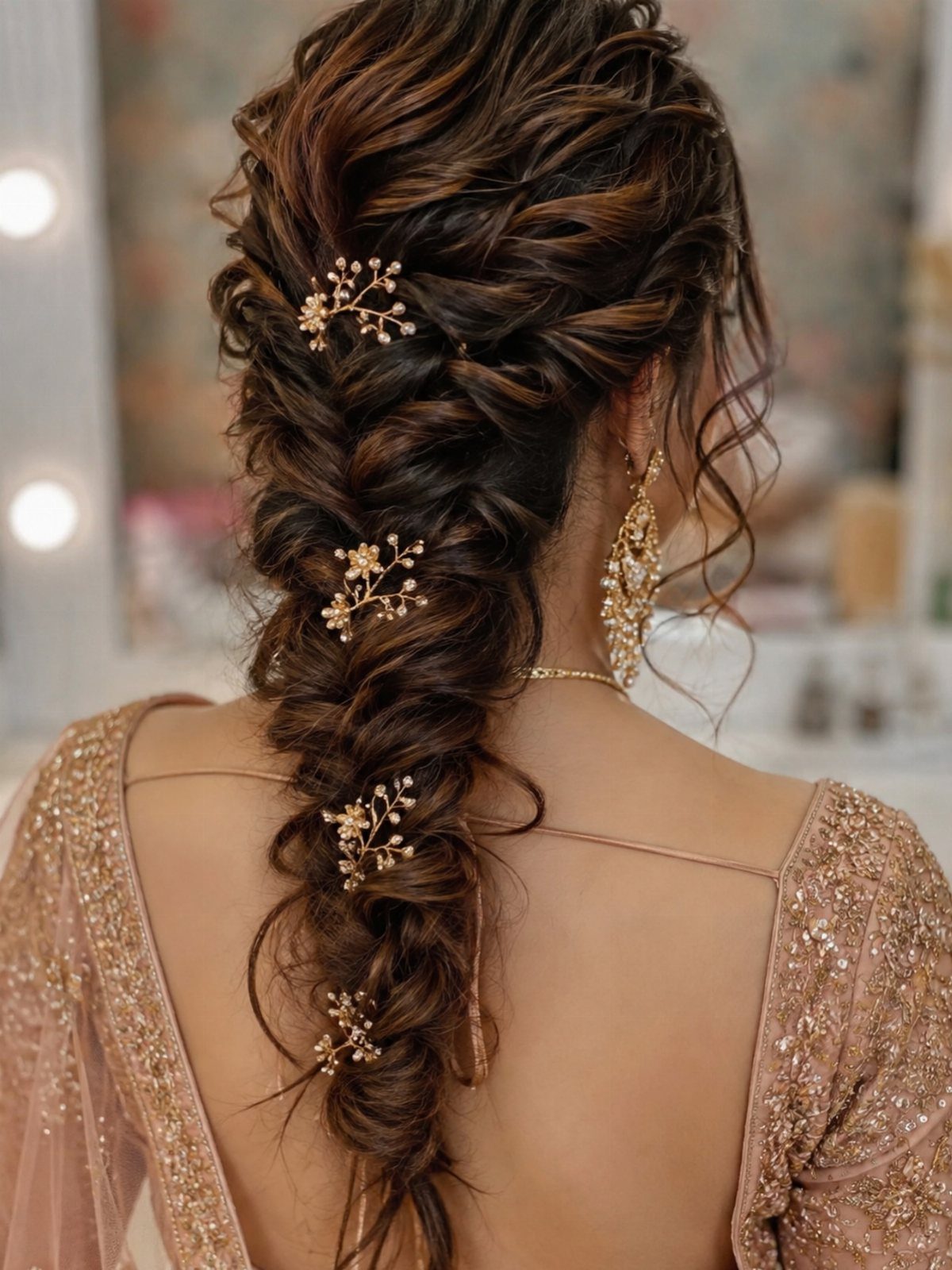 Long brown hair styled in a textured braid with gold floral hair accessories