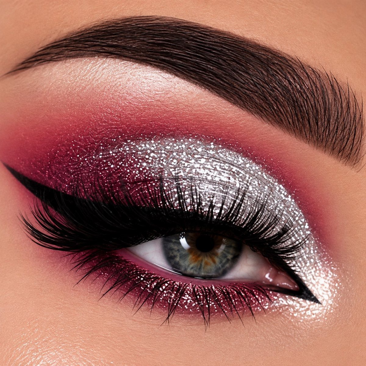 Blue eye with shimmering silver glitter eyeshadow and deep red blended tones.
