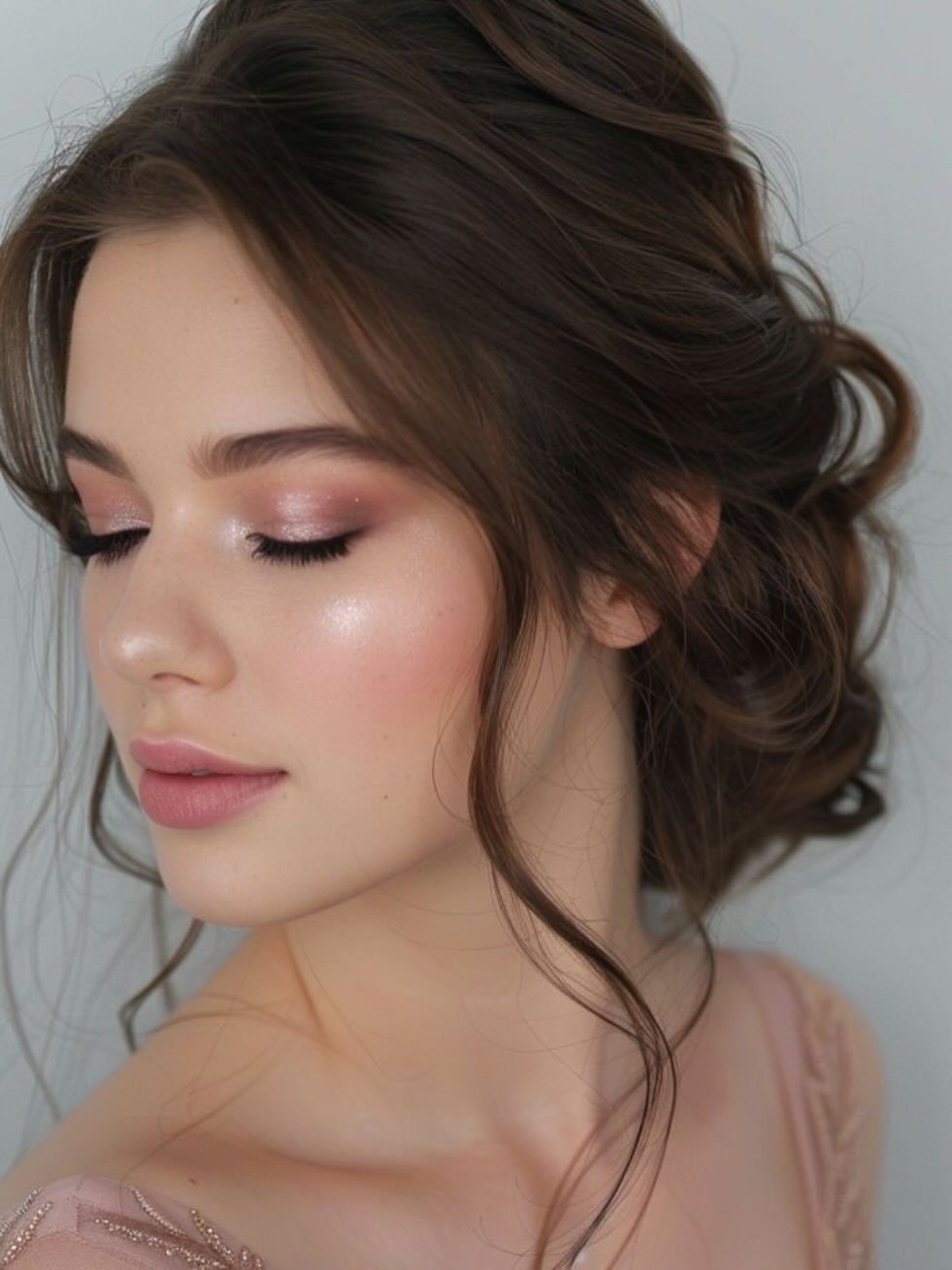 Woman with dewy romantic makeup, pink eyeshadow, and a soft bridal updo hairstyle.