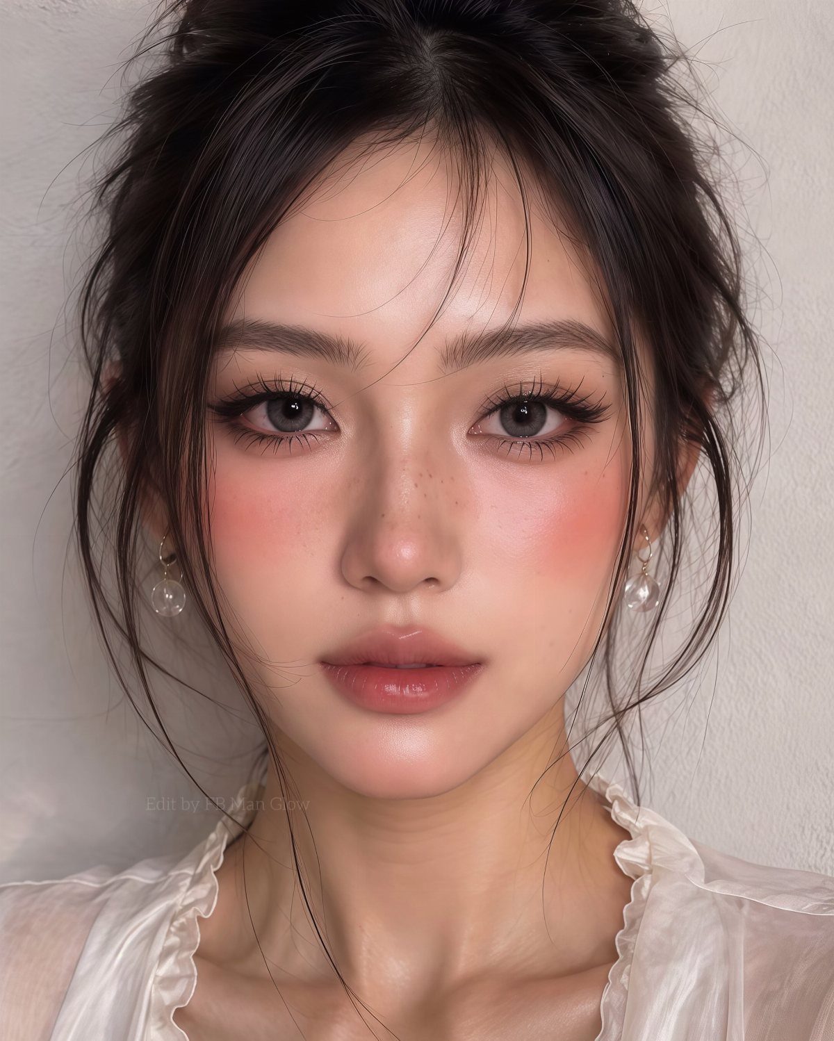 Woman with soft glam wedding makeup, shimmering eyes, rosy cheeks, and glossy lips.