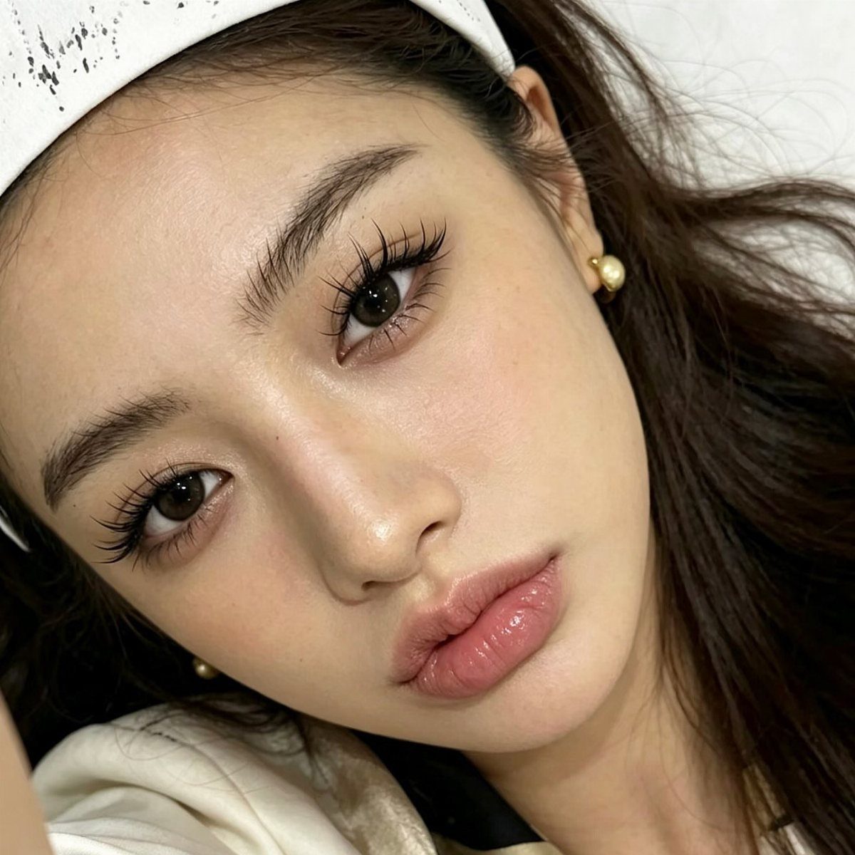 Woman with soft glam makeup and long wispy eyelashes wearing a white headband.