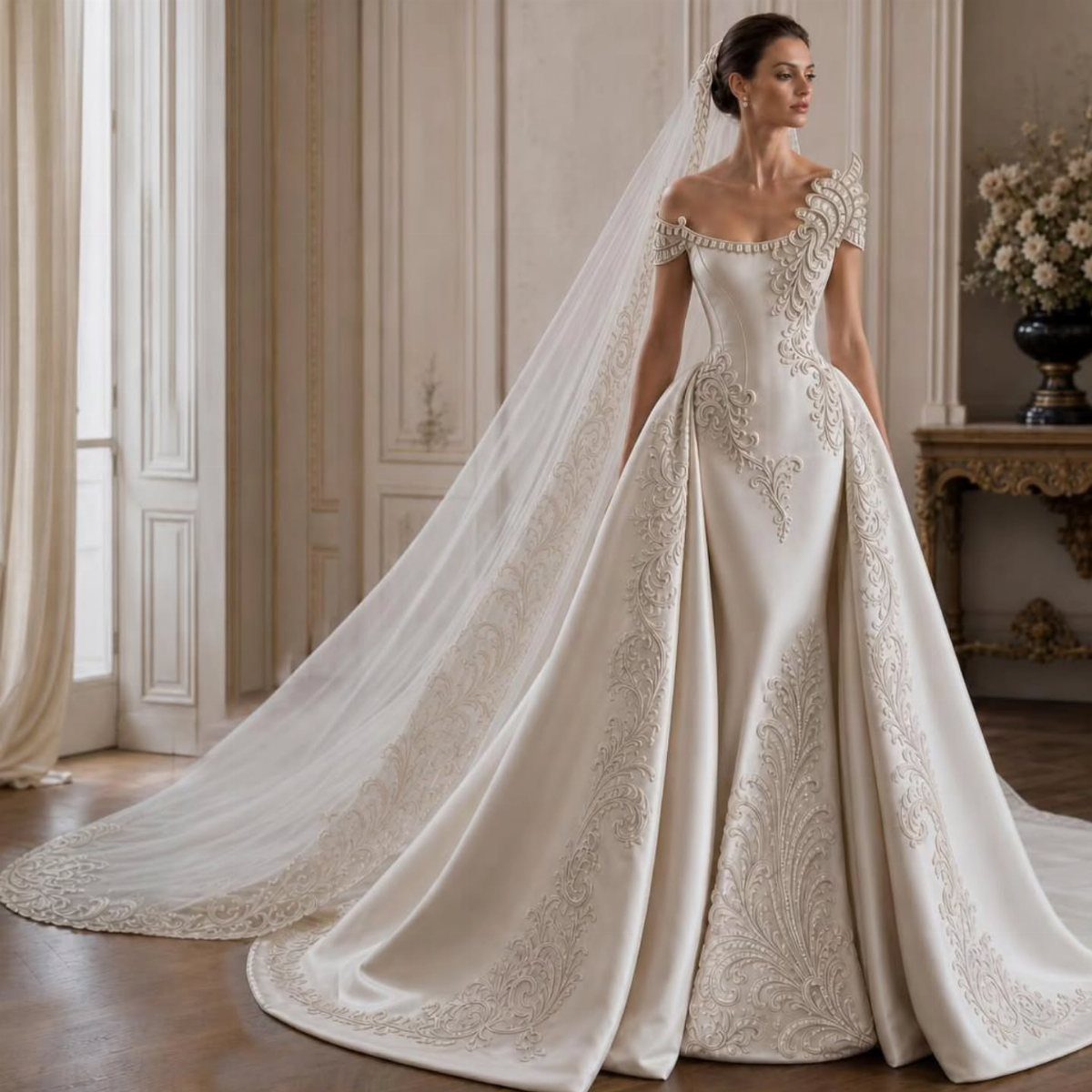 Woman in an embroidered cream wedding gown with a long lace-edged veil.