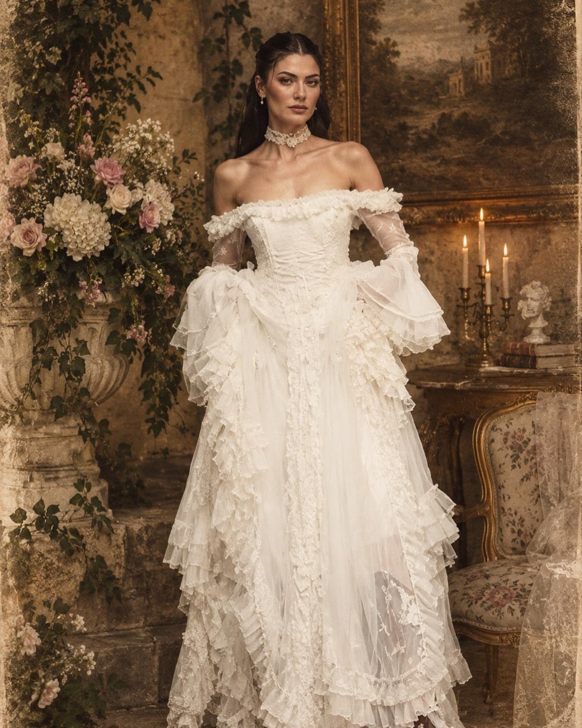 Woman in a ruffled white boho wedding dress standing in a vintage room