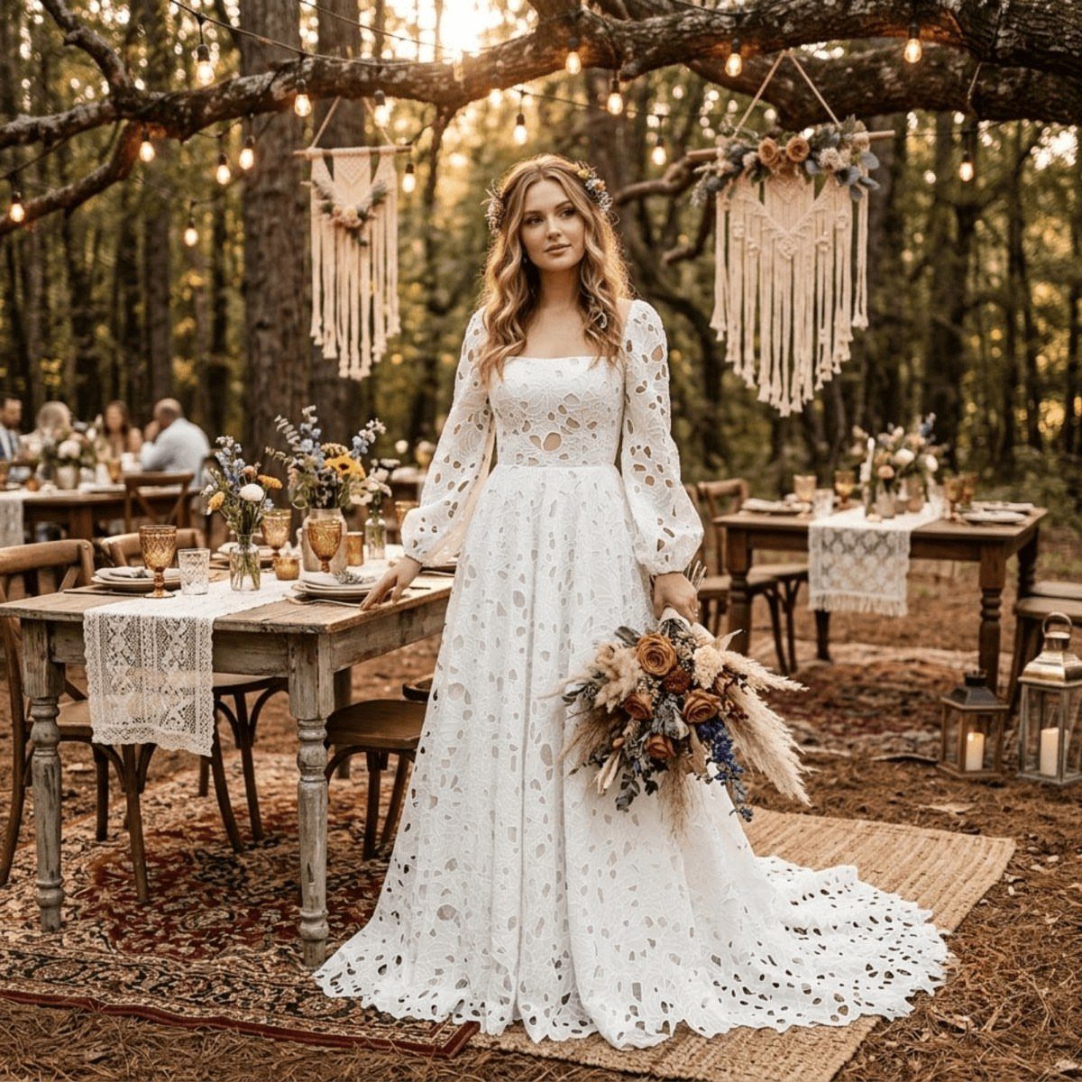 Woman in a white lace boho wedding dress holding a dried flower bouquet outdoors